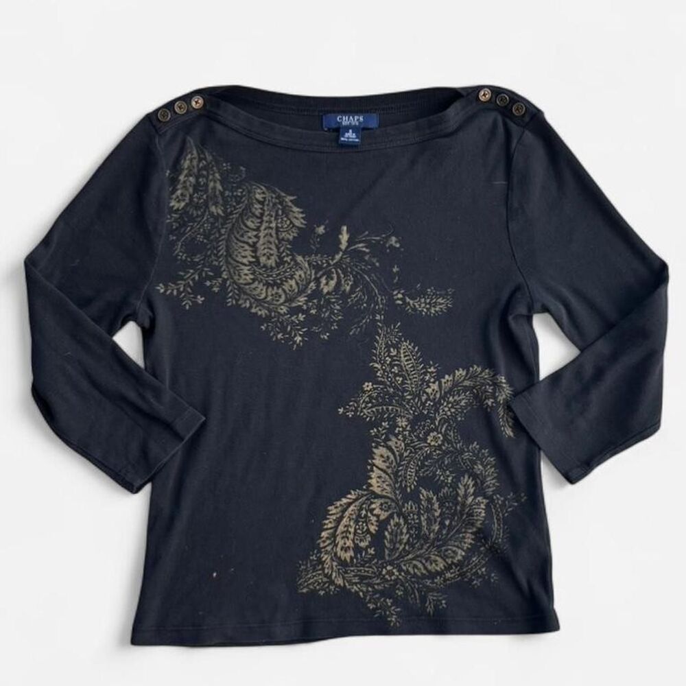 Y2K Chaps black long sleeve top gold paisley print button details 3/4 size s